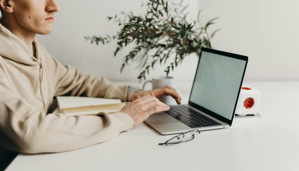 A young man in a hoodie works on a laptop next to a plant on a minimalist desk.